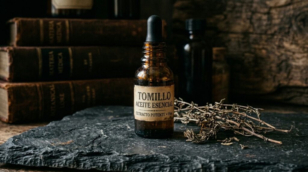 Frasco de boticario antiguo de vidrio ámbar con cuentagotas rodeado de ramas de tomillo seco sobre una superficie de piedra vieja.