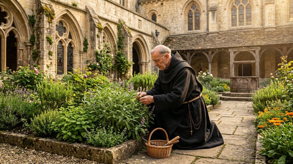 Monje benedictino cuidando plantas de salvia en el huerto medicinal o herbularius de un monasterio medieval de piedra.