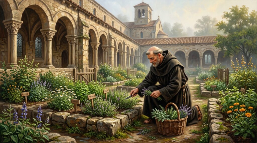 Un monje herbolario medieval recolectando tomillo y plantas medicinales en el huerto de un monasterio románico.