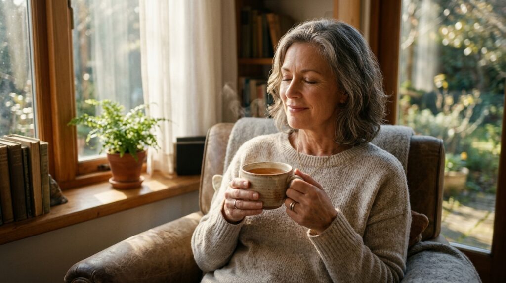 Mujer relajada tomando una infusión caliente de salvia para aliviar los sofocos de la menopausia y mejorar la memoria.