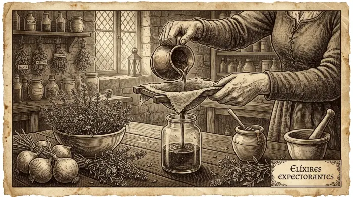 Ilustración de estilo antiguo de manos filtrando un jarabe casero de cebolla y tomillo para la tos con mocos.