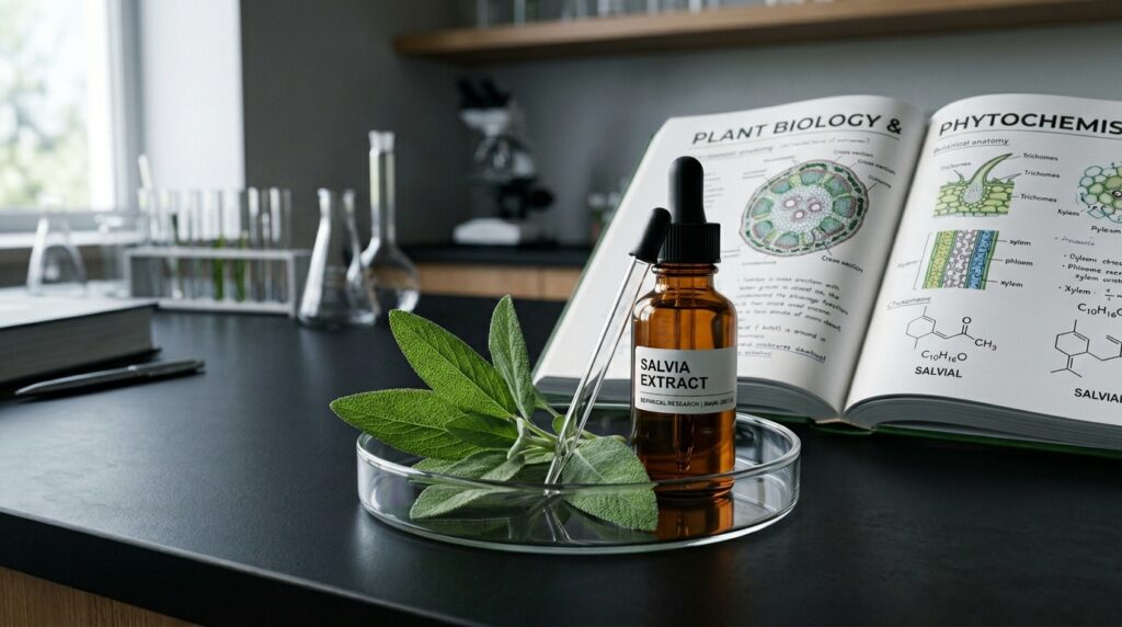 Hoja de salvia medicinal en una placa de Petri de laboratorio al lado de un libro científico de botánica y estructuras moleculares.