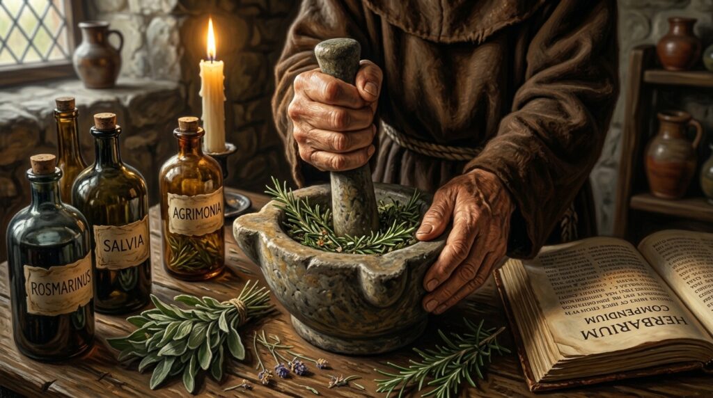 Monje boticario con hábito marrón preparando un remedio artesanal con hojas de romero en un mortero de piedra dentro de una botica medieval.