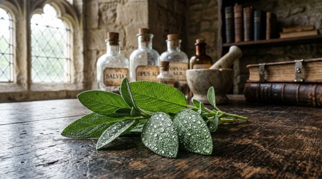 Hojas frescas de salvia officinalis sobre una mesa de madera en una botica antigua medieval junto a frascos de boticario.