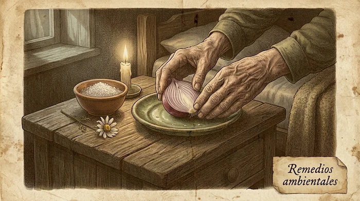 Dibujo antiguo de manos disponiendo una cebolla cortada en la mesilla como remedio para la tos nocturna.