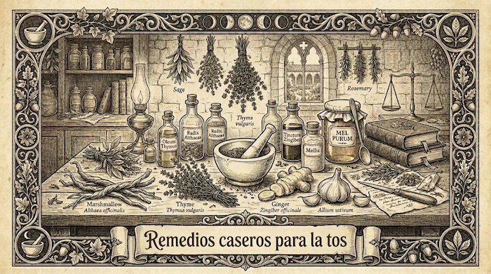 Grabado botánico de plantas medicinales y frascos de botica antigua para la guía de remedios caseros para la tos.