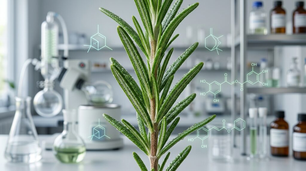 Primer plano macro hiperrealista de una planta de romero fresco rodeada por una sutil infografía molecular en un laboratorio difuminado.