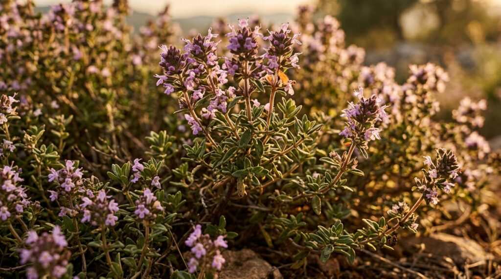 Planta silvestre de tomillo con pequeñas flores púrpuras creciendo bajo el sol en un suelo rocoso del Mediterráneo.